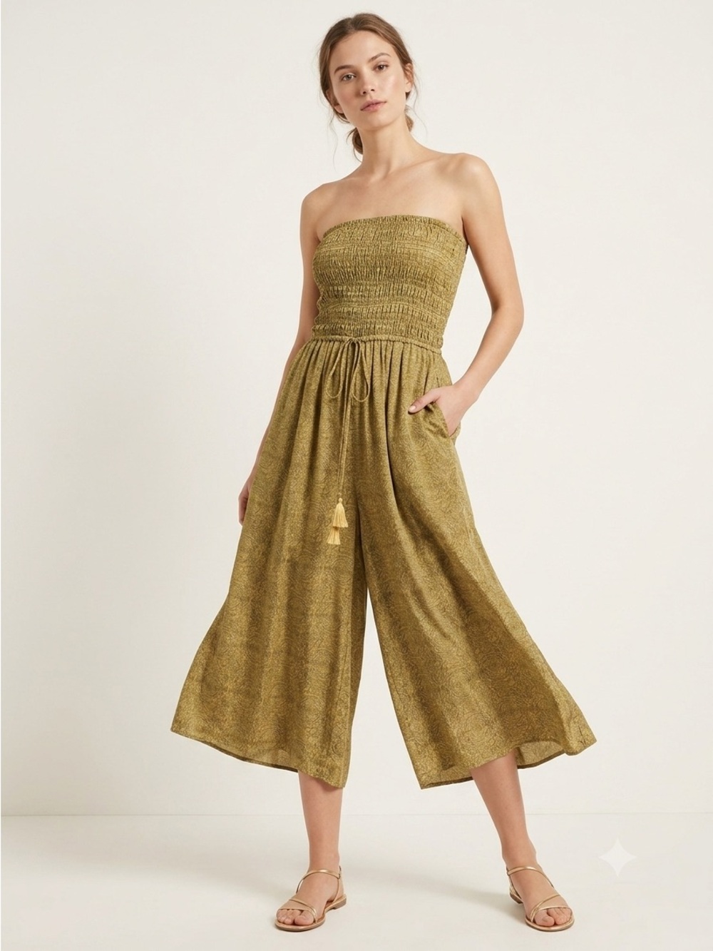 Guru Strapless Silk Wide Leg Cropped Boho Jumpsuit - Small / Medium, 100% Silk
